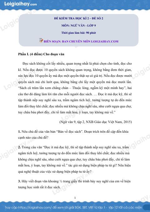 Đề ôn tập học kì 2 Văn 9 - Đề số 2